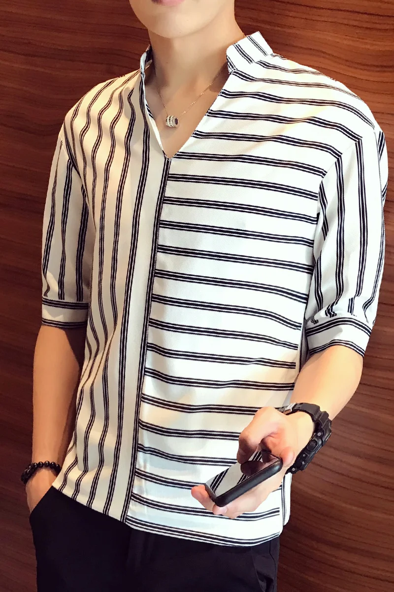 Мужская трендовая черно белая рубашка в полоску с воротником стойкой
