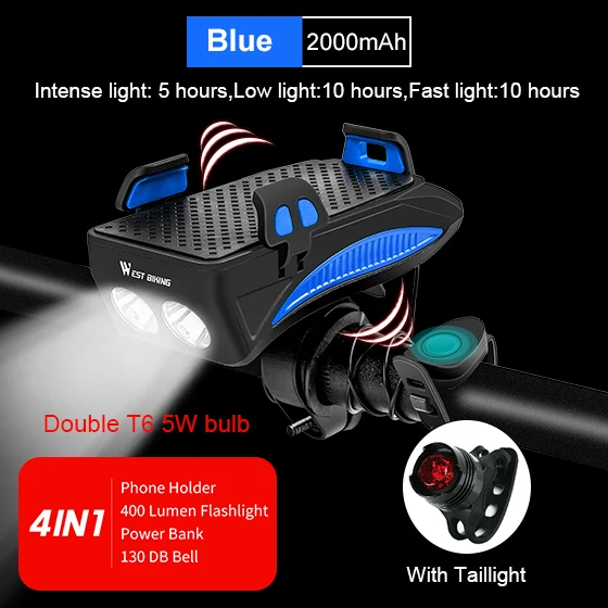 2000mAh Blue Set WEST BIKING держатель для телефона на велосипед, светильник-рожок, перезаряжаемый светильник-вспышка, внешний аккумулятор, держатель для телефона для iPhone, держатель для сотового телефона - Color: 2000mAh Blue Set