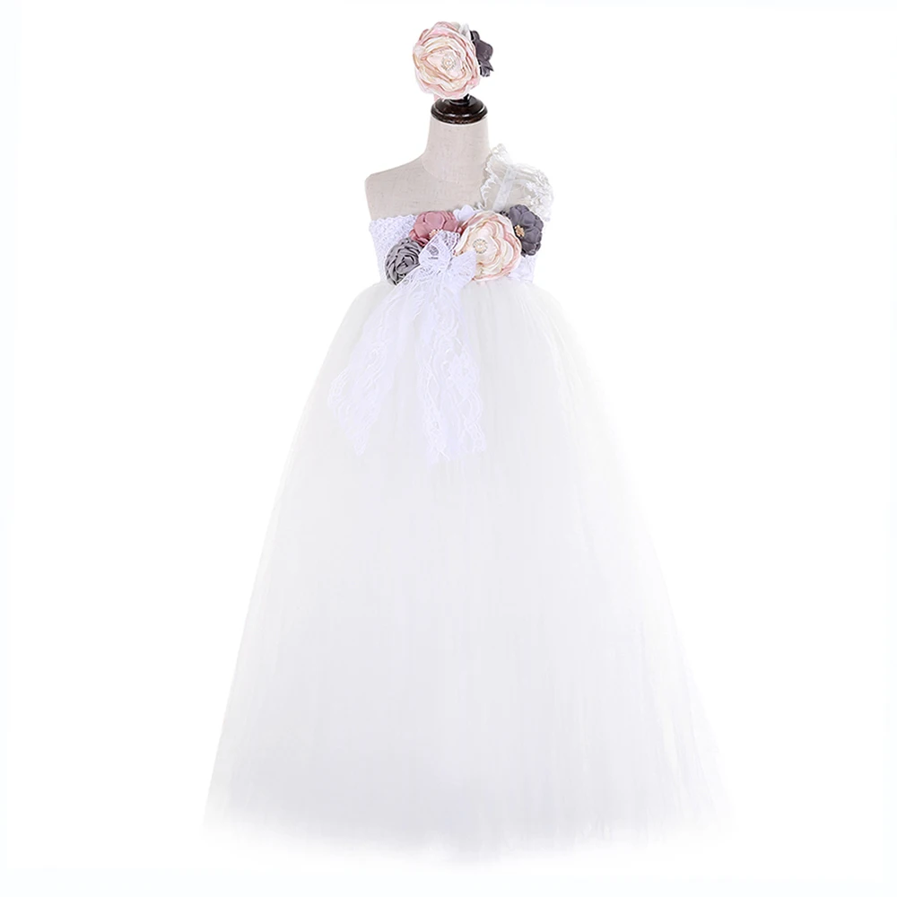 Elegant Flower Girl One Shoulder Dress for Girls Voile Tutu Kids Bridesmaid Ankle Length Party Set Baby Clothes | Детская одежда и