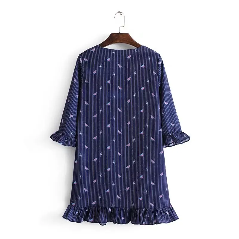 New Print Dress Women Birds Lady Fashion Patchwork Ruffles Female Butterfly Three Quarter Sleeves Knee Vestidos LTD119262 | Женская