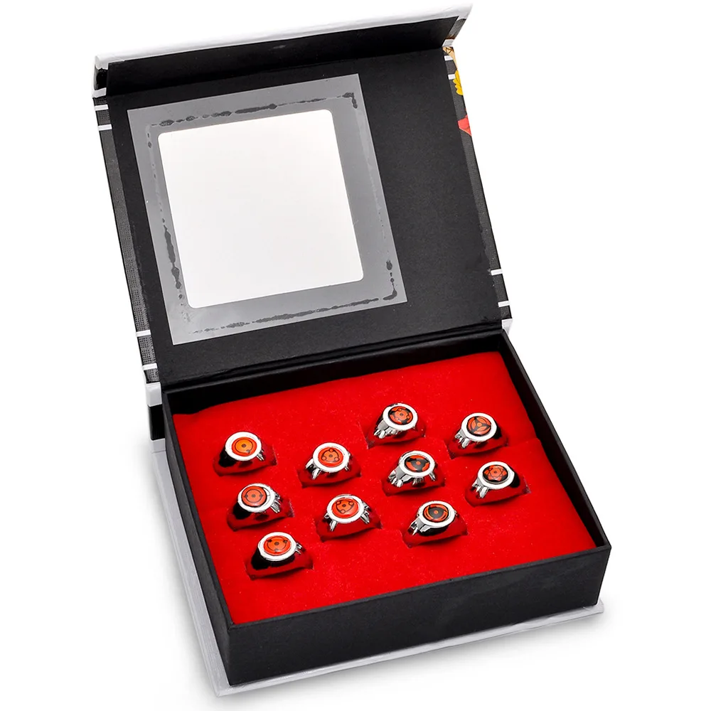 Аниме Наруто 10 видов стилей наборы колец с коробкой Sharingan Three magatama logo vintage bague