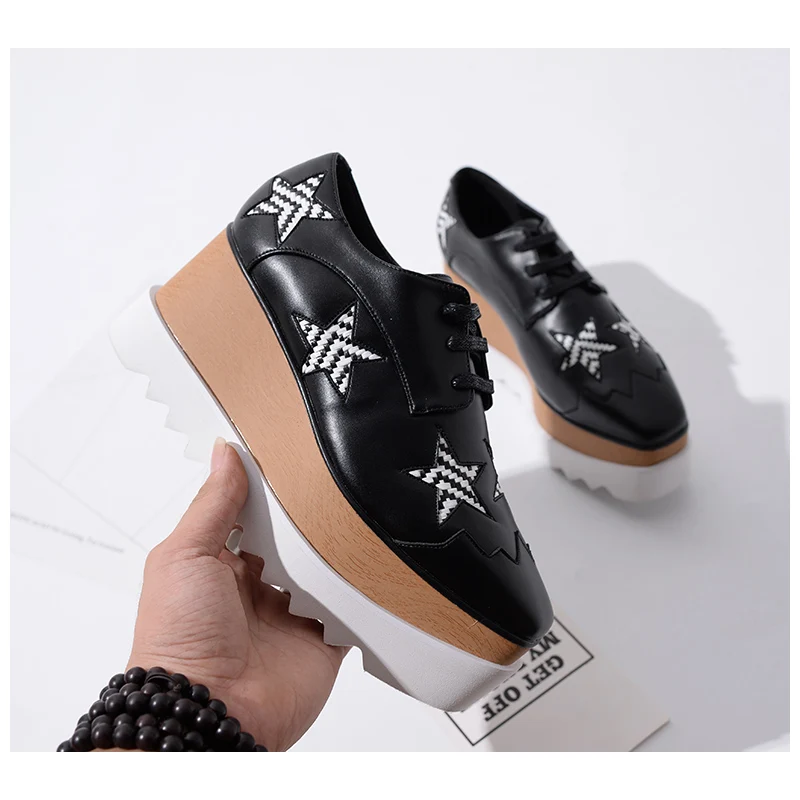 black stripe star ; женская обувь на платформе; 31 цвет; обувь из натуральной кожи на танкетке с квадратным носком; горячая распродажа; обувь, увеличивающая рост; цвет бежевый; Размеры 35-41 - Цвет: black stripe star
