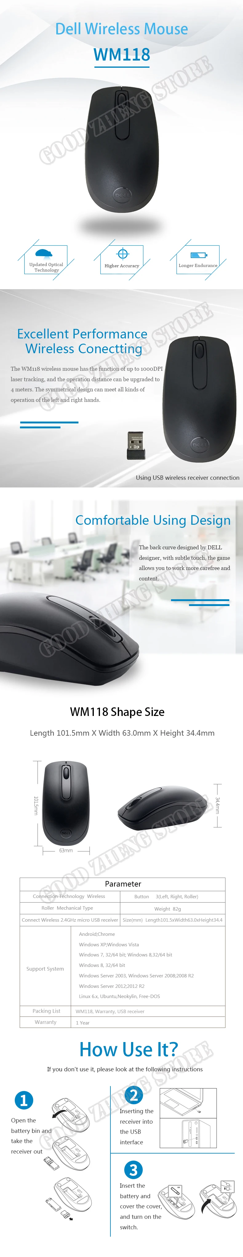 DELL WM118 2,4 Ghz беспроводная оптическая USB мышь 1000 dpi ноутбук ПК Компьютерные мыши