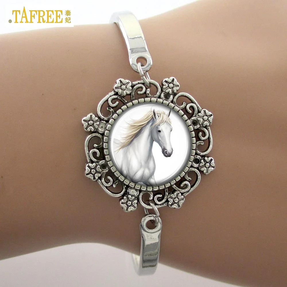 TAFREE Белая лошадь искусство фото стеклянный купол браслет кружева Шарм Мода 2017
