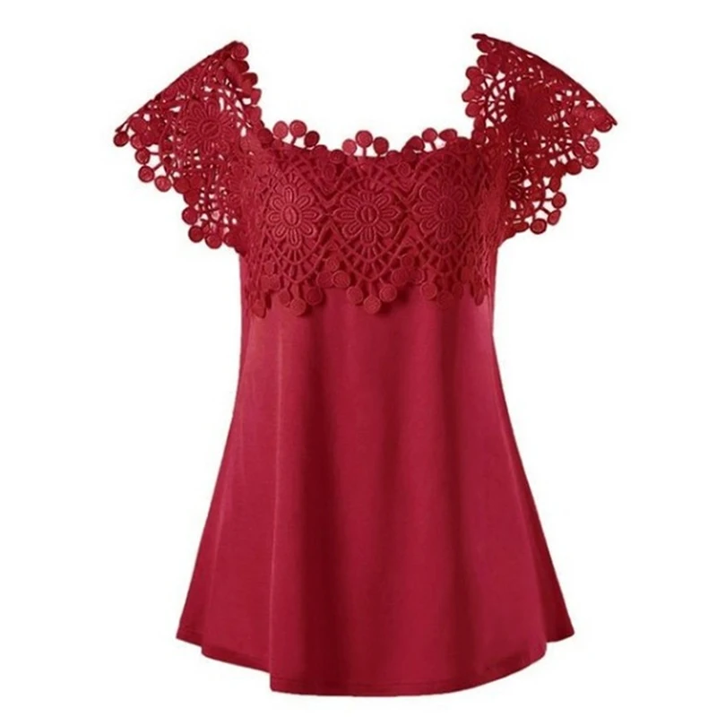 Women T-Shirts Solid Color Splice Lace Embroidery Round Collar Short Sleeves Tops for Summer FDC99 | Женская одежда