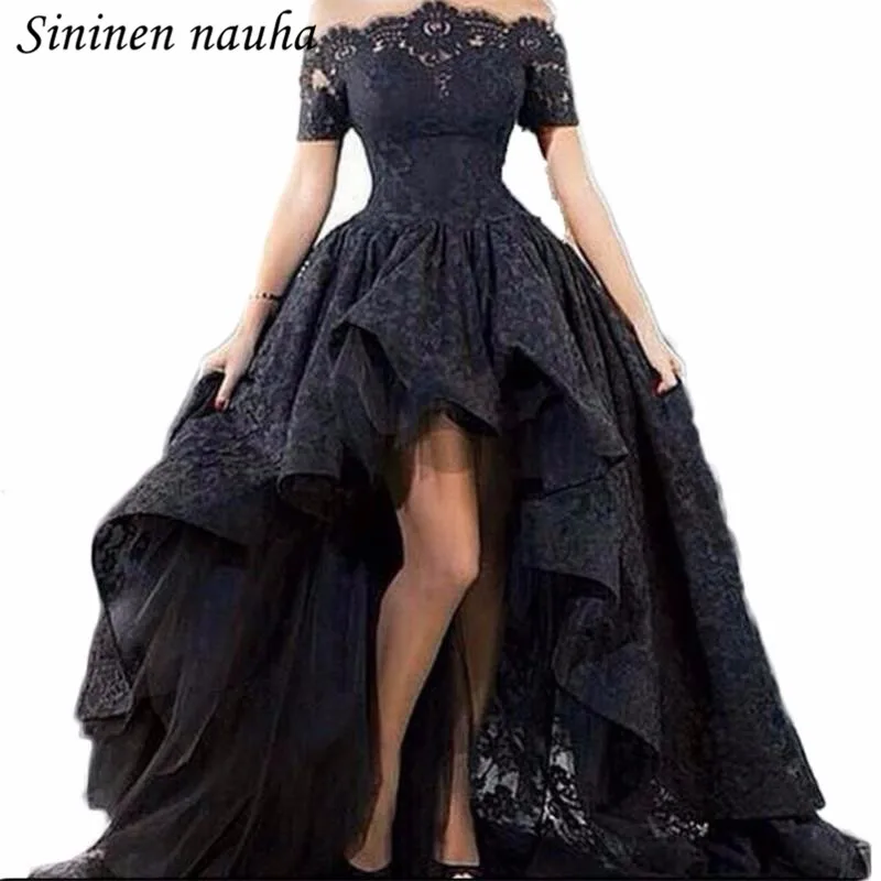 Lace High Low Prom Dress Long Party Dresses for Juniors with Sleeves Off The Shoulder Black Plus Size Vestidos De Festa 287 | Свадьбы и