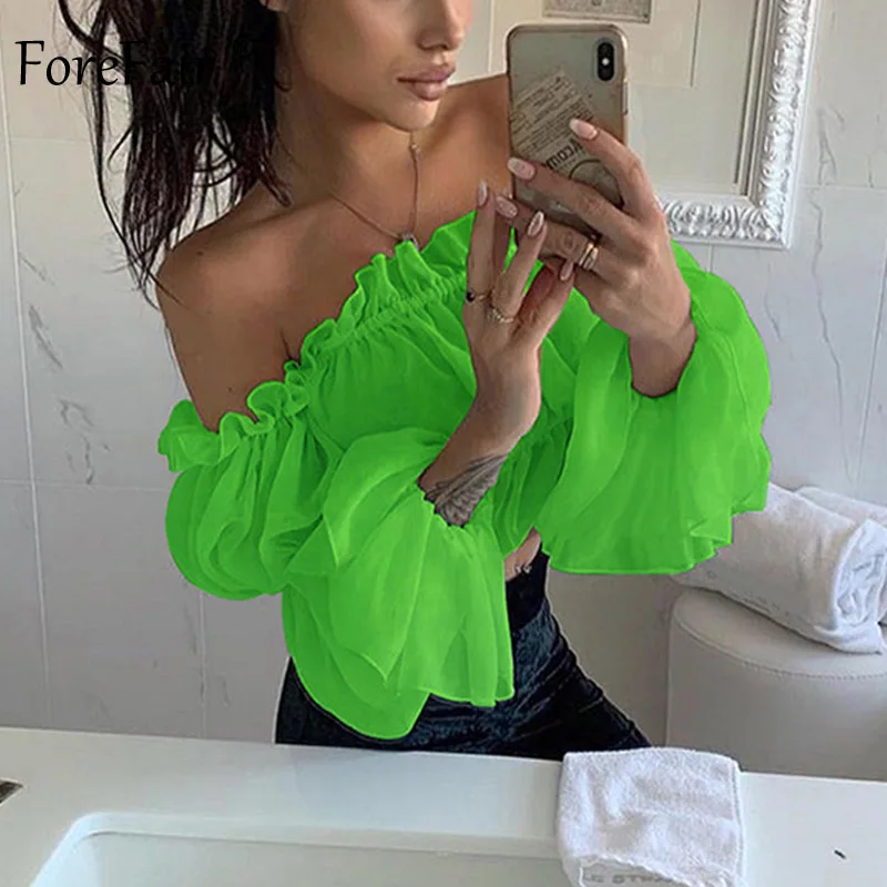 Женская блузка с открытыми плечами Forefair неоновый топ оборками и рюшами вечерние