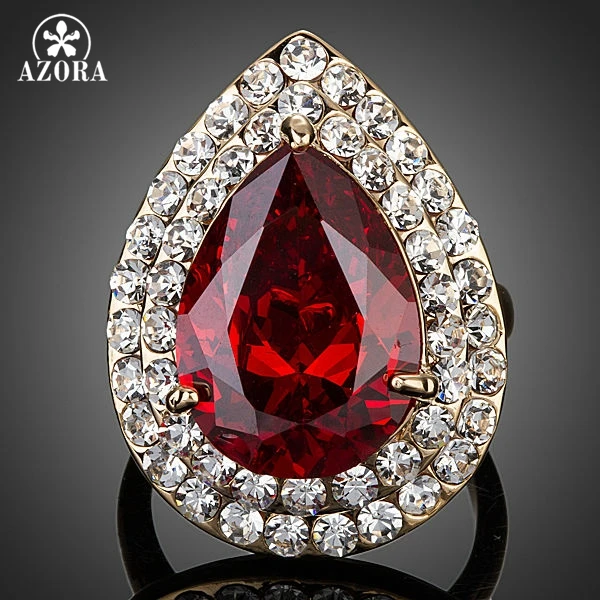 AZORA золотые красные с фианитом капли воды TR0125|gold color|ring ringring drops |