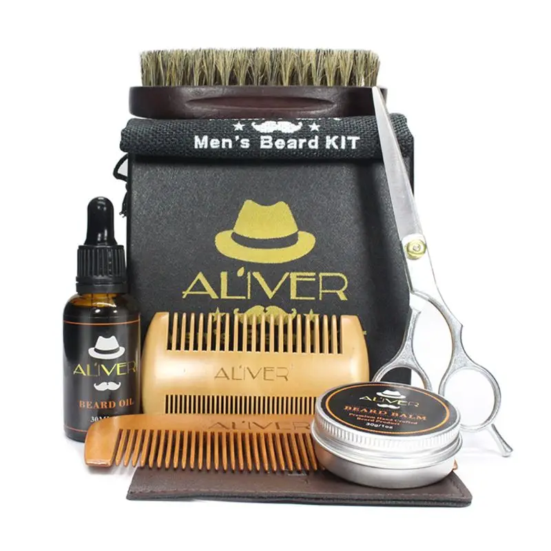 New Beard Comb 6-Piece Men's Beard Style Care Set Beard Grease Comb Pig Bristle Brush Complete Mustache Grooming Trimming Set