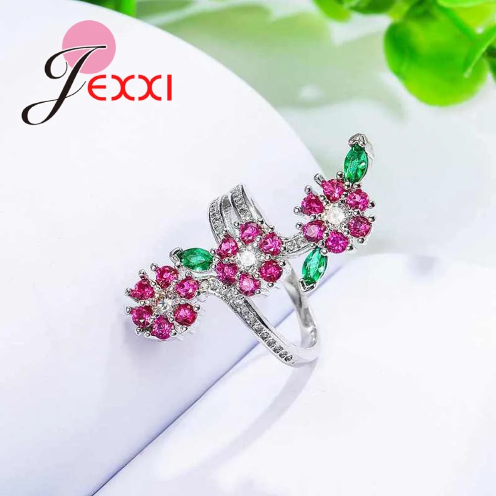 

New Stylish Women Nice Blossom Ring Rose Red&Green Crystal Branch Flower Shape 925 Sterling Silver Party Jewelry