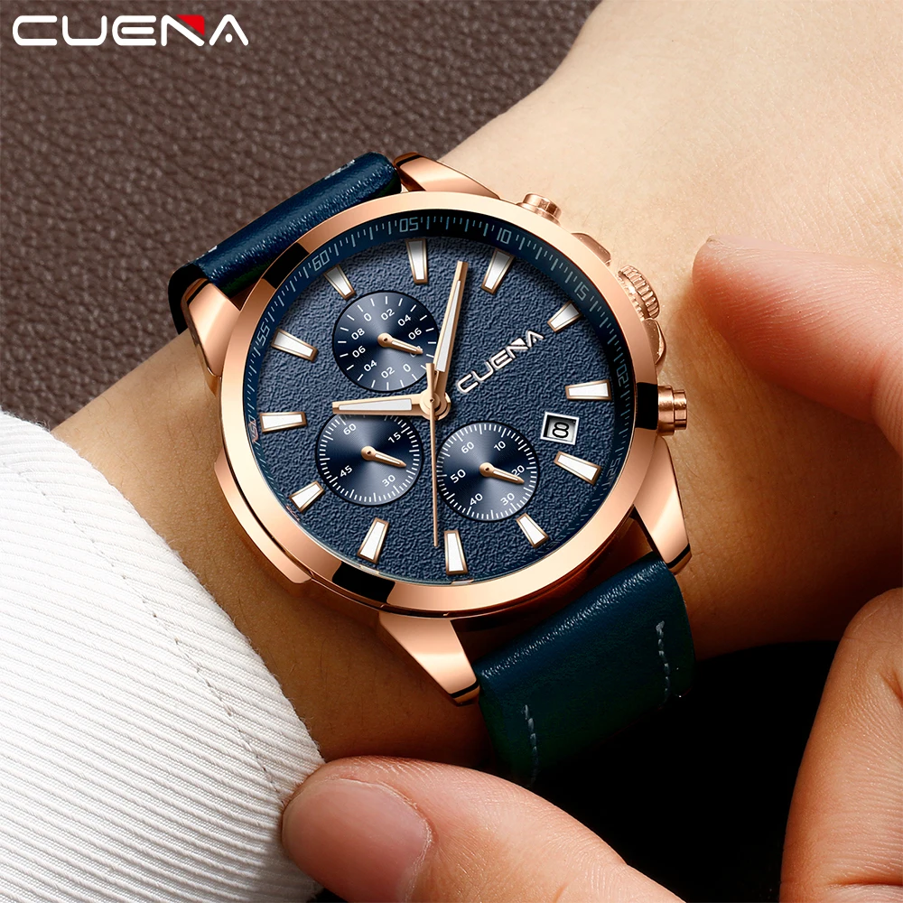 

Men's Casual Sports Watches With Chronograph and Date Window Comfortable Leather Quartz Wristwatch Waterproof 30M Montre Homme