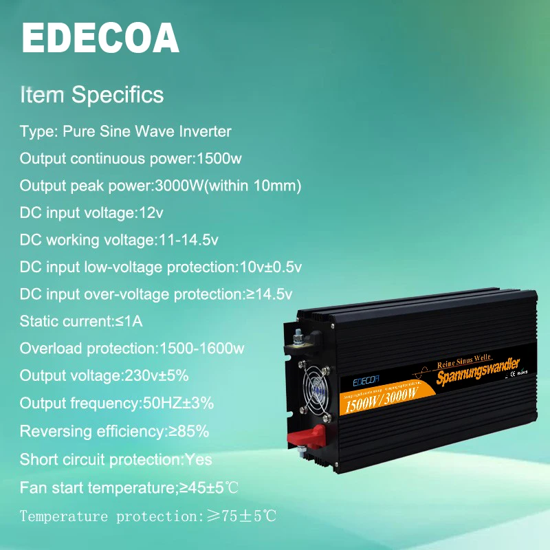 EDECOA 12 В 220 В Чистая синусоида Инвертор 1500 Вт 3000 Вт пиковый преобразователь с пультом дистанционного управления и 5 В 2.1A USB порт