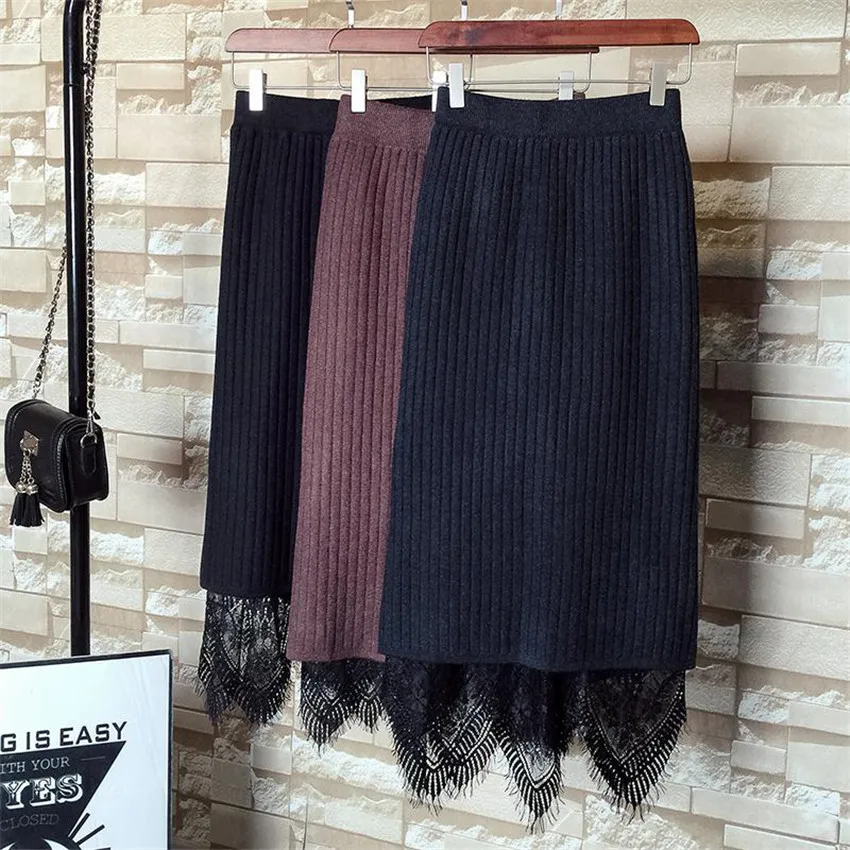 Кружевная трикотажная юбка WZ708 теплая Женская с высокой талией и поясом по бокам