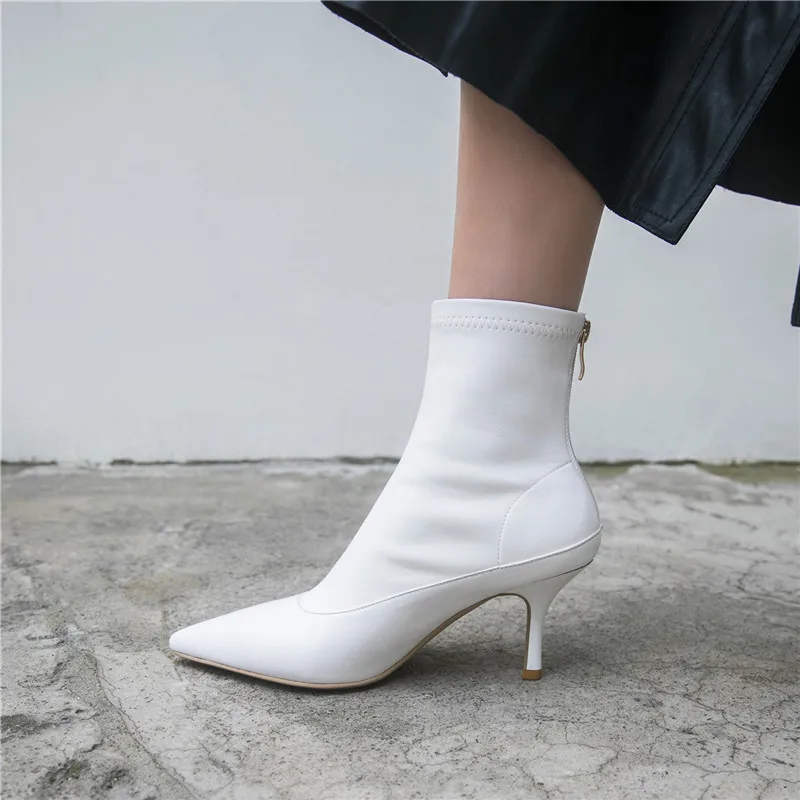 Smirnova wholesale hot fashion ladies boots black white pointed toe genuine leather ankle boots for women sexy dress shoes