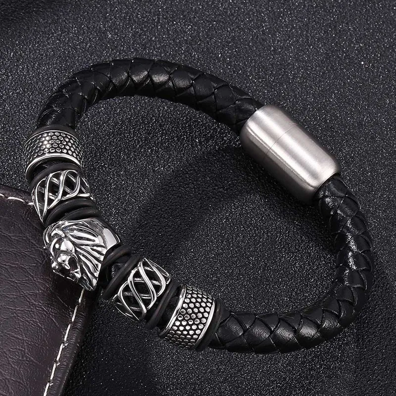 

Punk Men Jewelry Black Leather Bracelet Stainless steel Charms Bracelets With Strong Magnet Clasp Fashion Jewelry BB0072