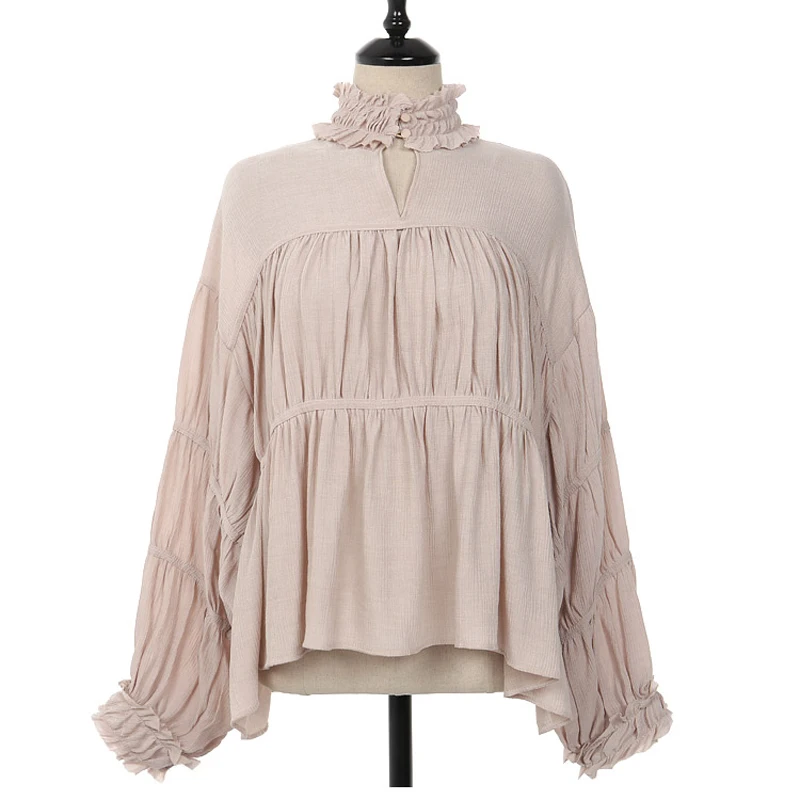 2018 Офисная Женская блузка с буфами на рукавах рубашки со стоячим воротником