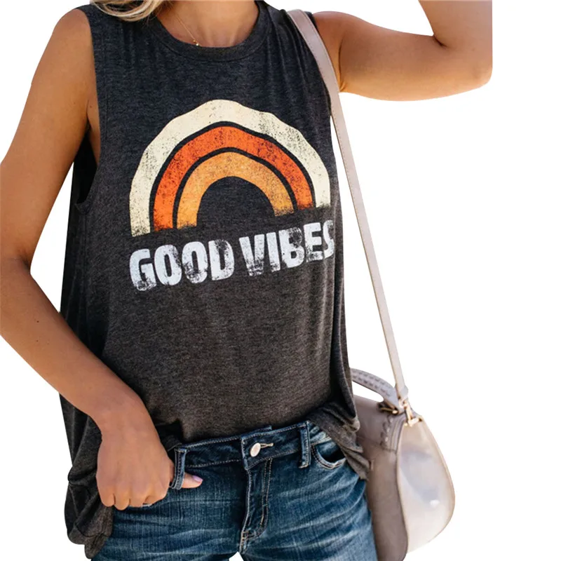 Летняя майка женская сексуальная без рукавов модная Радужная с надписью Good Vibes