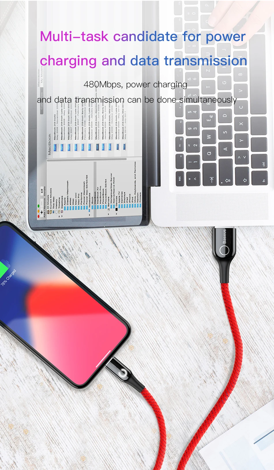 Baseus Smart power Off USB кабель для iPhone XR Xs Max 11 Pro 8Plus 2.4A Быстрая зарядка USB зарядный кабель для iPhone светодиодный кабель для передачи данных