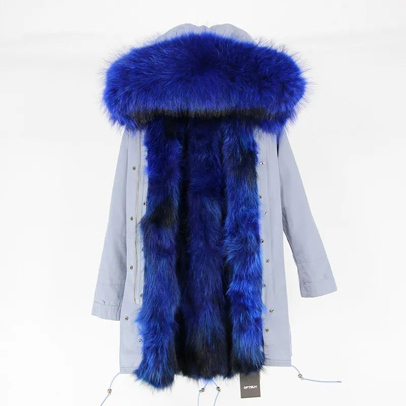 grey blue OFTBUY, Длинная зимняя куртка, женская верхняя одежда, толстые парки, енот, натуральный мех, воротник, пальто с капюшоном, настоящая теплая подкладка из лисьего меха - Цвет: grey blue