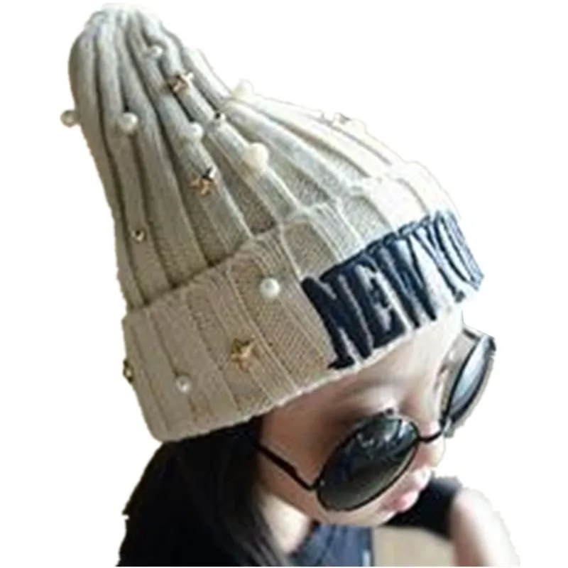 Новая детская шерстяная шапка с перламутровыми бусинами в нью-йоркском стиле