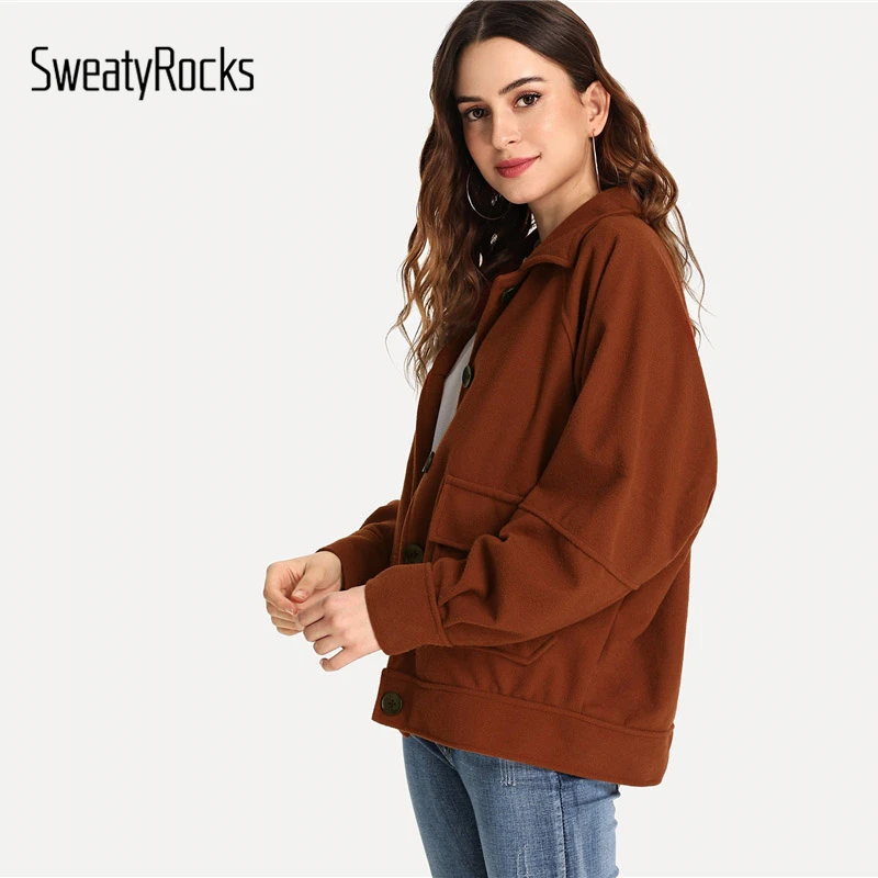 SweatyRocks, ржавчина, Повседневный, двойной карман, Одноцветный пиджак, однобортный, отложной воротник,, осень, Женские винтажные топы и пальто