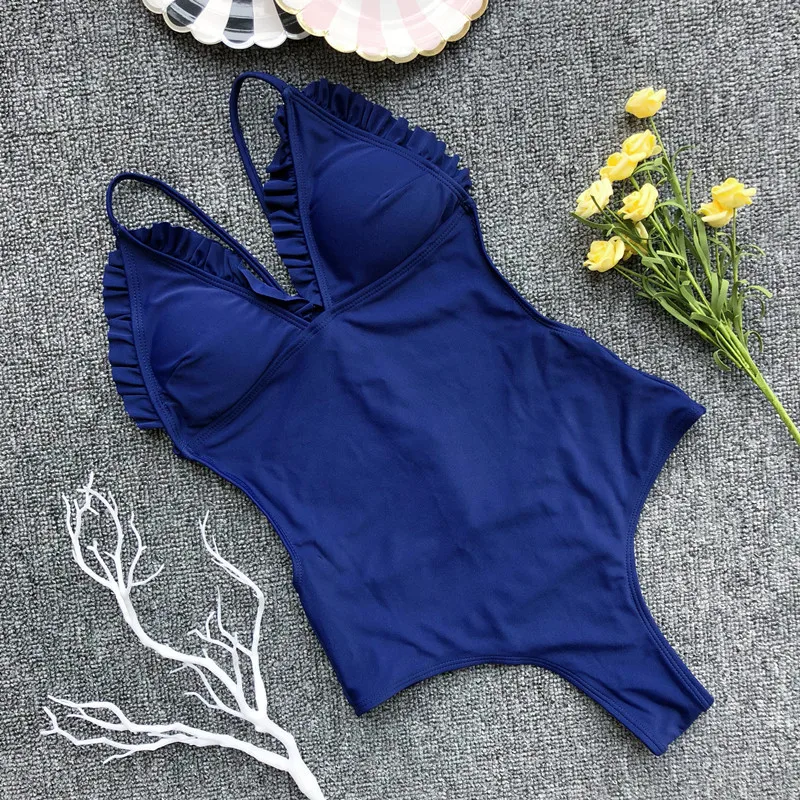 Женский купальник-бикини с оборками розовый красный желтый синий слитный