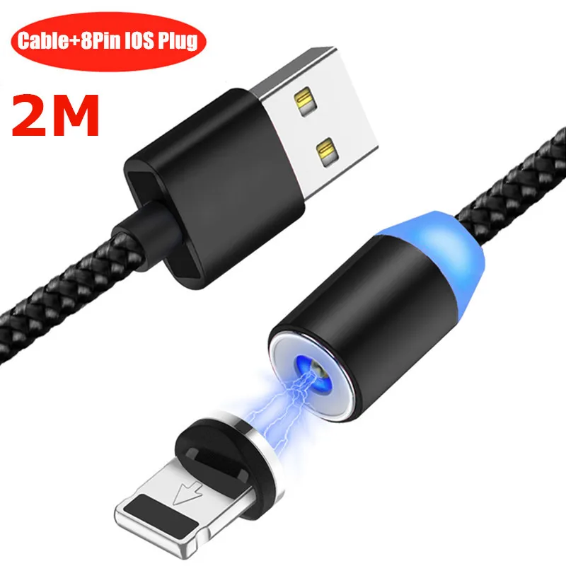 2 м 200 см NISI круглый светодиодный зарядный кабель USB C Магнитный кабель для iPhone XR X Max huawei P30 P20 и т. Д - Цвет: 2M Black IOS Cable