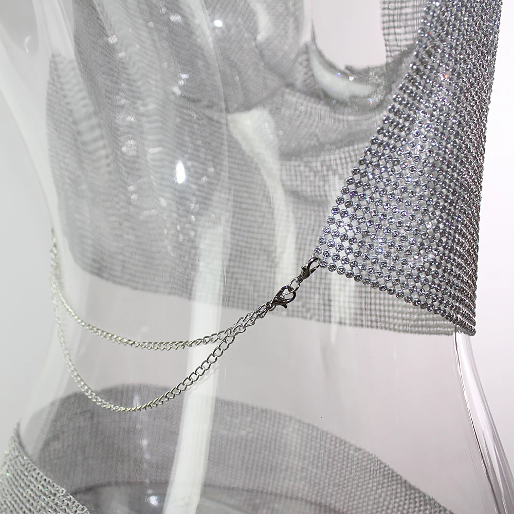 

2018 Sexy Rhinestone Tops and Skirts Outfits Open Back Halter Women Sets Metal Mini Skirt & Short Crop Tops Silver Outfit