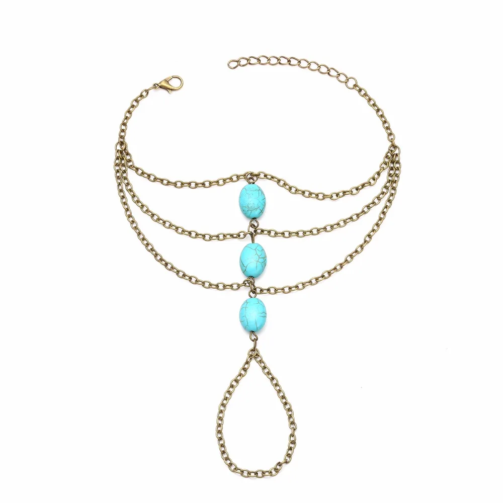Vintage Turquoises Bracelet For Women Boho Multi Layer Link Chain Interweave Finger Bangle Summer Beach Fashion Jewelry | Украшения и