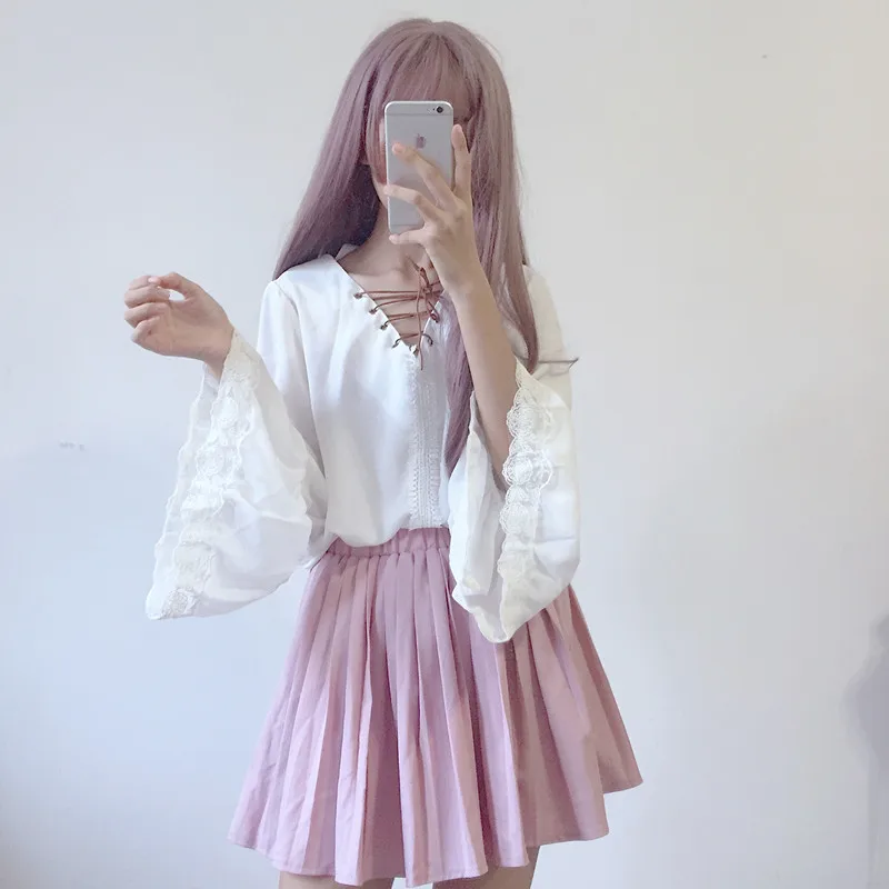 Женские блузки в японском стиле с v образным вырезом кружевные свободные рубашки