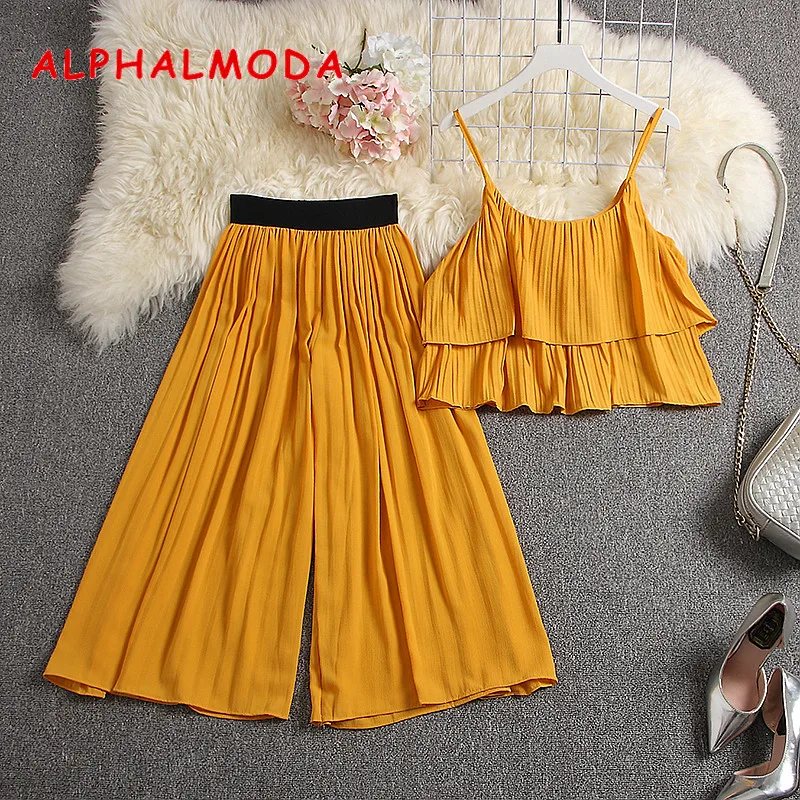 ALPHALMODA, летний женский плиссированный топ на бретельках+ штаны до середины икры, 2 шт., повседневный комплект, Одноцветный Женский комплект из 2 предметов, широкие брюки
