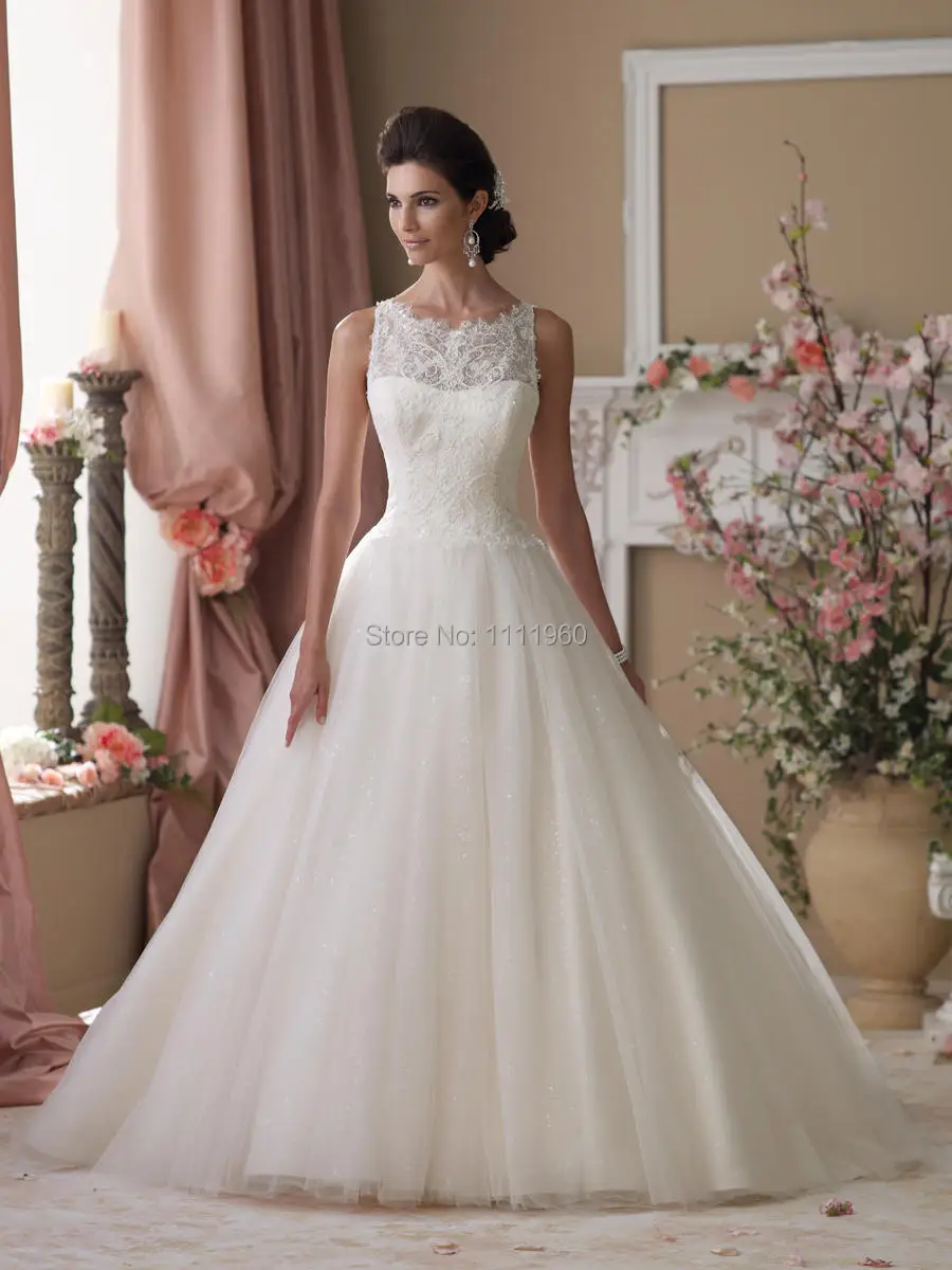 Luxury Ball Gown Wedding Dresses 2015 Sheer Lace See Through Back Bridal Gowns Organza Vestido De Noiva Free Shipping SW2493 | Свадьбы и