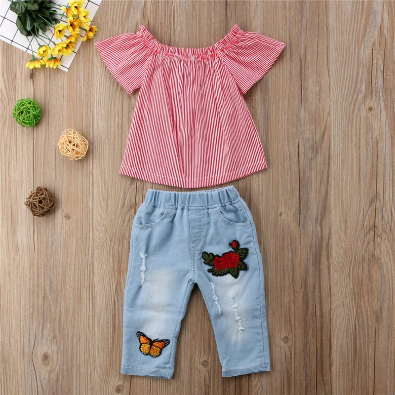 Милый комплект одежды для маленьких девочек топы в красную полоску с короткими