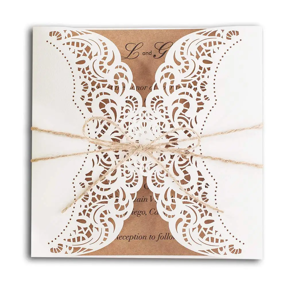 

White Elegant Laser Cut Baby Shower Invitations Cards Kit with Envelops, Party Birthday Wedding Invites with Rustic Rope Design