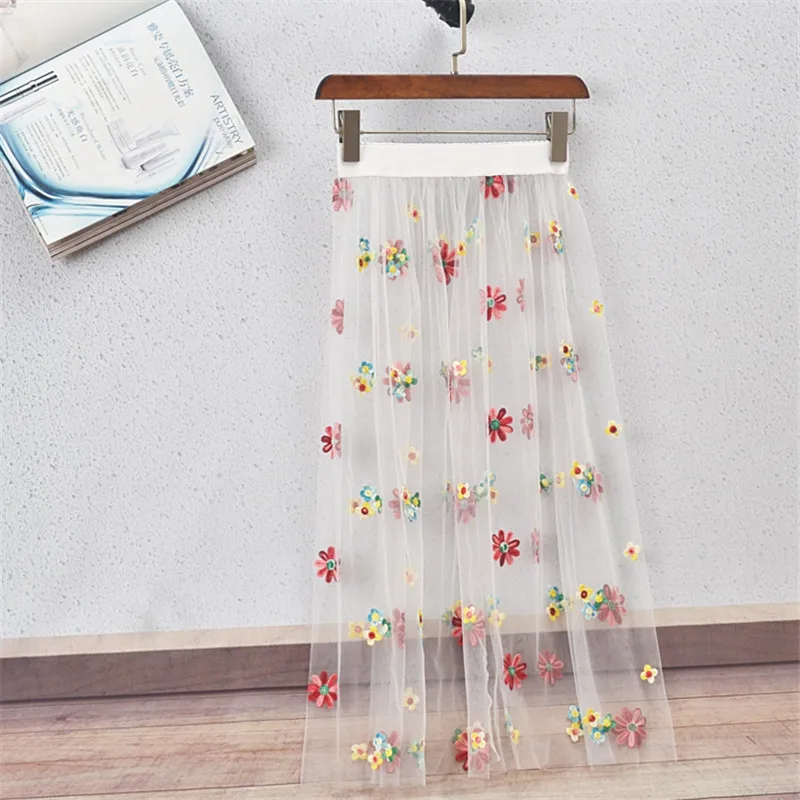 

New Elastic Hollow Out Transparent One Layer Skirt Women Sexy Lace Mesh Skirt Summer Casual Vintage High Waist Skirts RE2412