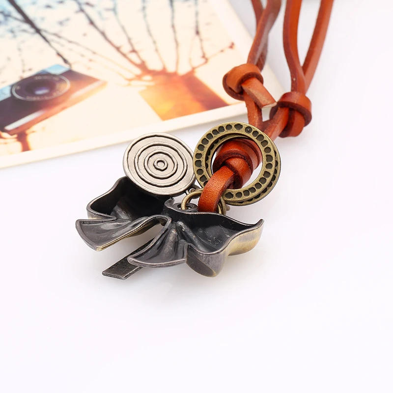 Handmade New Casual Rock Cute Bronze Circle Butterfly Pendant Brown Genuine Leather Choker Chains Men Necklace Women Jewelry | Украшения и