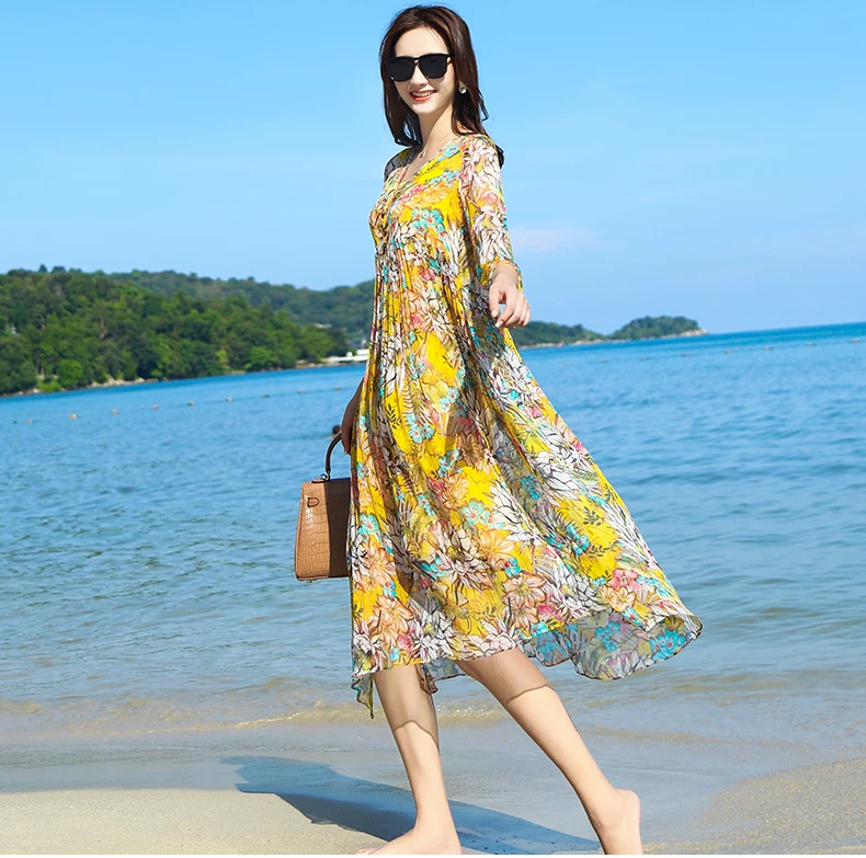 Boho пляжное летнее платье Настоящее шелковое винтажное Цветочное платье женское повседневное розовое платье элегантное, миди женские платья Vestidos 89266