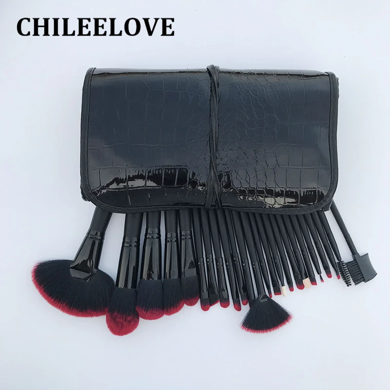 CHILEELOVE 24 шт черные темно-красные Профессиональные кисти для макияжа Набор для тональная пудра косметическая кисточка с кожаной сумкой