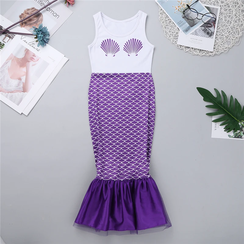 Kids Girls Cute Sleeveless Shell Mermaid Scales Printed Long Dress for Halloween Cosplay Party Costume | Детская одежда и обувь