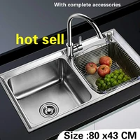 free shipping food grade 304 stainless steel hot sell kitchen sink 0 8 mm thick ordinary double trough 80 x43 cm