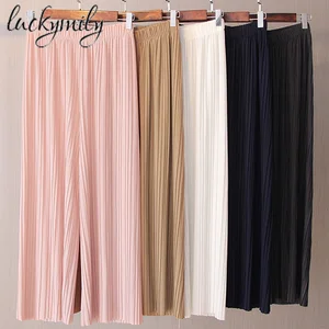 Luckymily 2019 новые весенне-осенние однотонные женские плиссированные широкие брюки палаццо с резинкой 8 цветов повседневные брюки