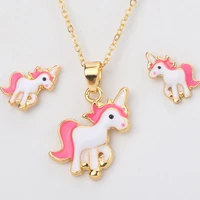 hot sale pink unicorn necklace earring animal jewelry sets cartoon horse jewellery set for girls