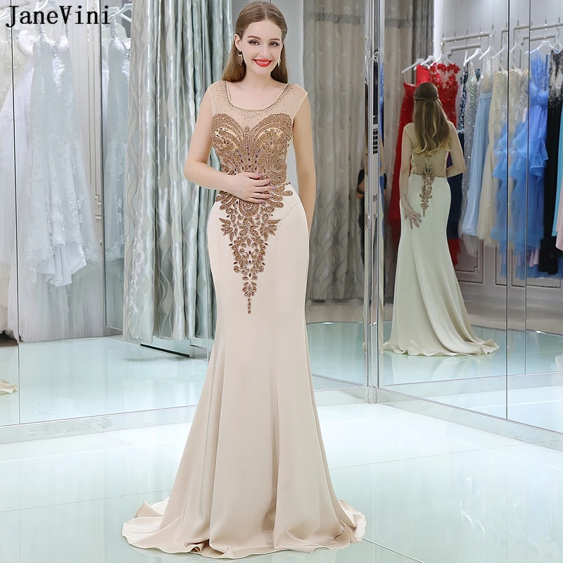 

JaneVini Gorgeous Champagne Crystal Beaded Mermaid Long Bridesmaid Dresses Scoop Neck Sheer Back Saudi Arabia Satin Prom Gowns