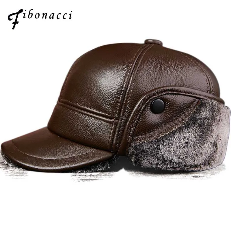 

Fibonacci Winter Men's Leather Baseball Cap Genuine Leather Warm Plus Thick Velvet Earflap Hat Middle Aged Old Age Dad Cap