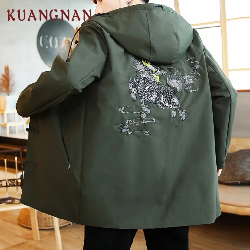 KUANGNAN китайский Kirin Мужская куртка Пальто Единорог Вышивка ветровка уличная Мужская куртка Пальто Капюшон Куртка мужская зима