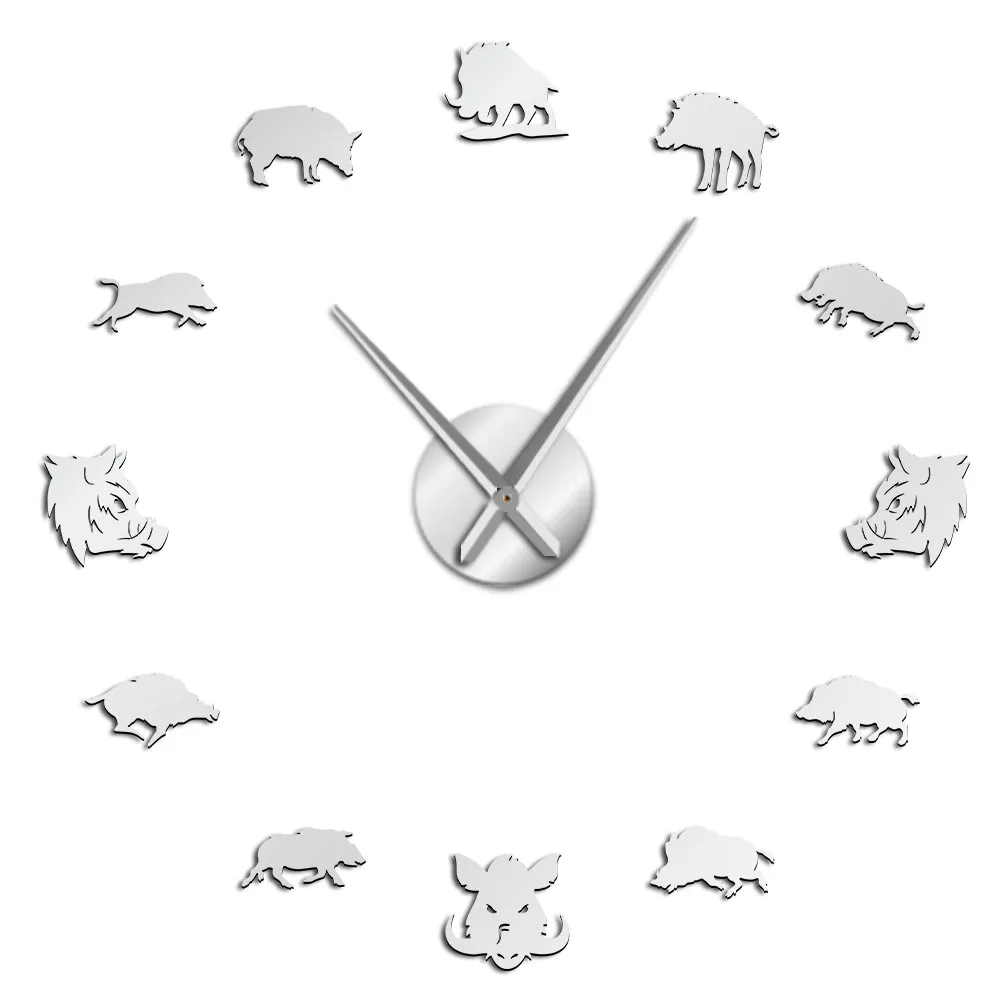 Silver Sus Scrofa кабан фигурки настенные художественные зеркальные наклейки DIY гигантские настенные часы Дикая свинья большие подвесные часы настенные часы Охотник подарки - Цвет: Silver