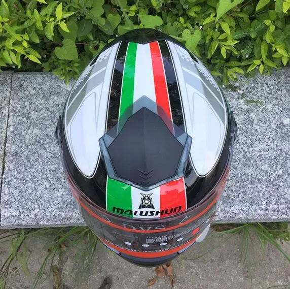 Мотоциклетный шлем защитный на все лицо с двойными линзами красный и зеленый