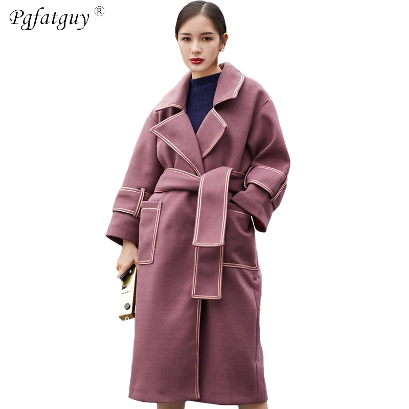 Для женщин с лацканами пальто Тренч поясом Элегантный Узелок шерстяное