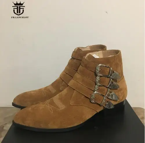 

2019 FR.LANCELOT Brand Cow Suede Top Quality Four Buckles Strappy Ankle Chelsea Boots Harness Wyatte Men shoes Plus Size 46