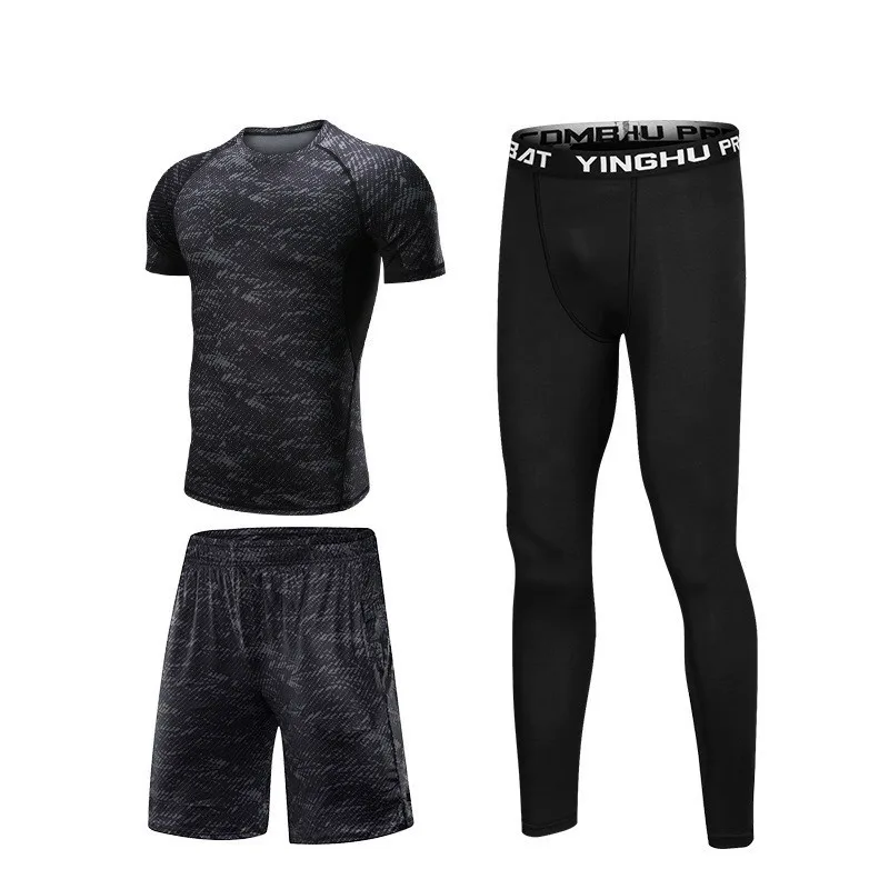3 Piece Short Стоящий мужской спортивный костюм, компрессионный спортивный костюм для спортзала, одежда для фитнеса, тренировки, бега, бега, спортивная одежда - Цвет: 3 Piece Short